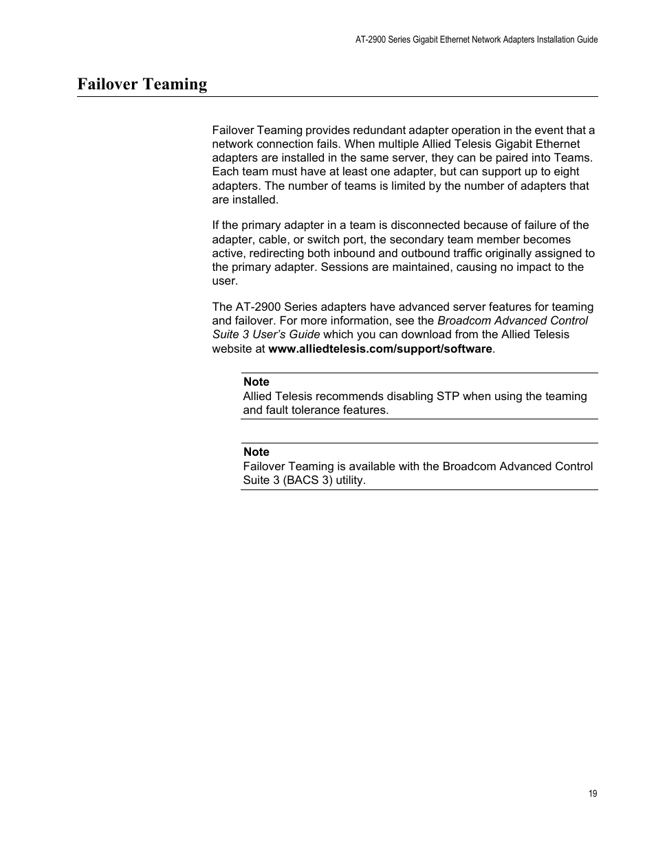 Failover teaming | Allied Telesis AT-2900 Series Adapters User Manual | Page 19 / 142
