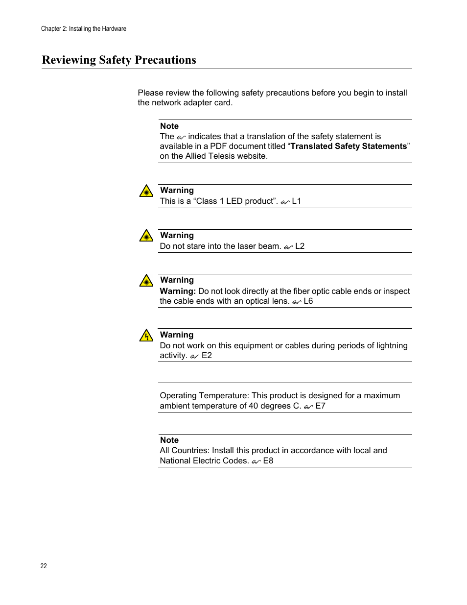 Reviewing safety precautions | Allied Telesis AT-2900 Series Adapters User Manual | Page 22 / 142