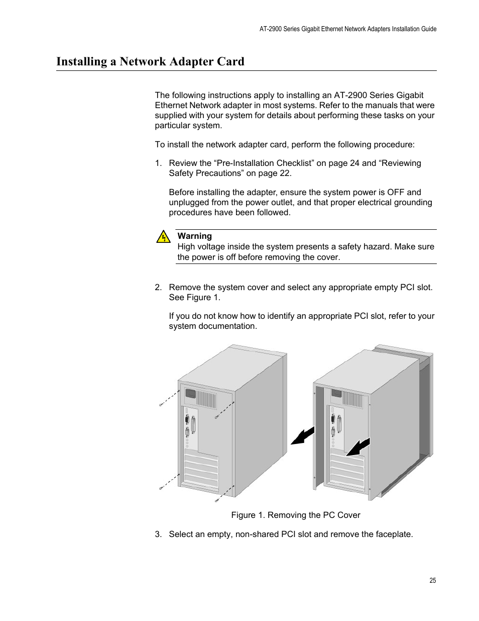 Installing a network adapter card, Figure 1. removing the pc cover | Allied Telesis AT-2900 Series Adapters User Manual | Page 25 / 142