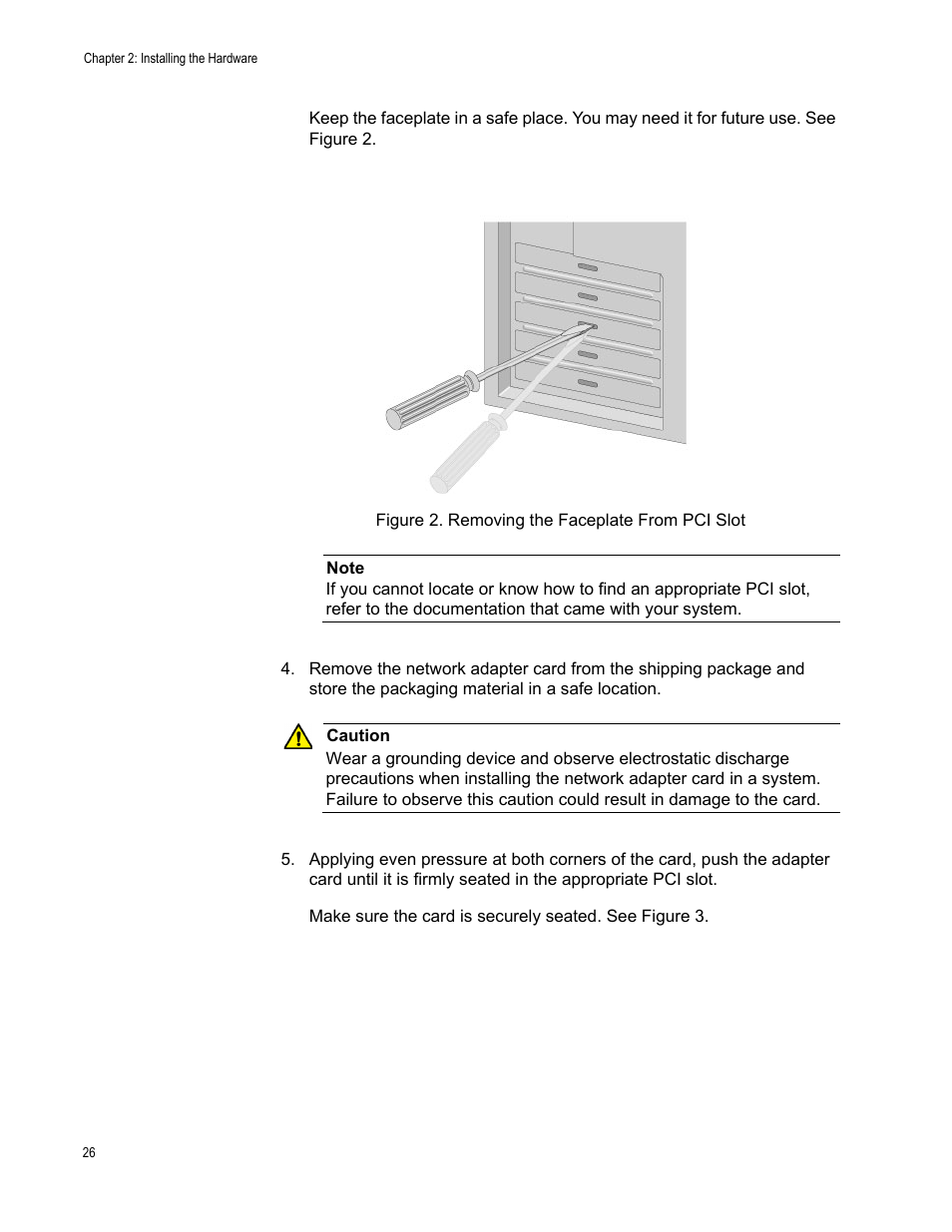 Figure 2. removing the faceplate from pci slot | Allied Telesis AT-2900 Series Adapters User Manual | Page 26 / 142