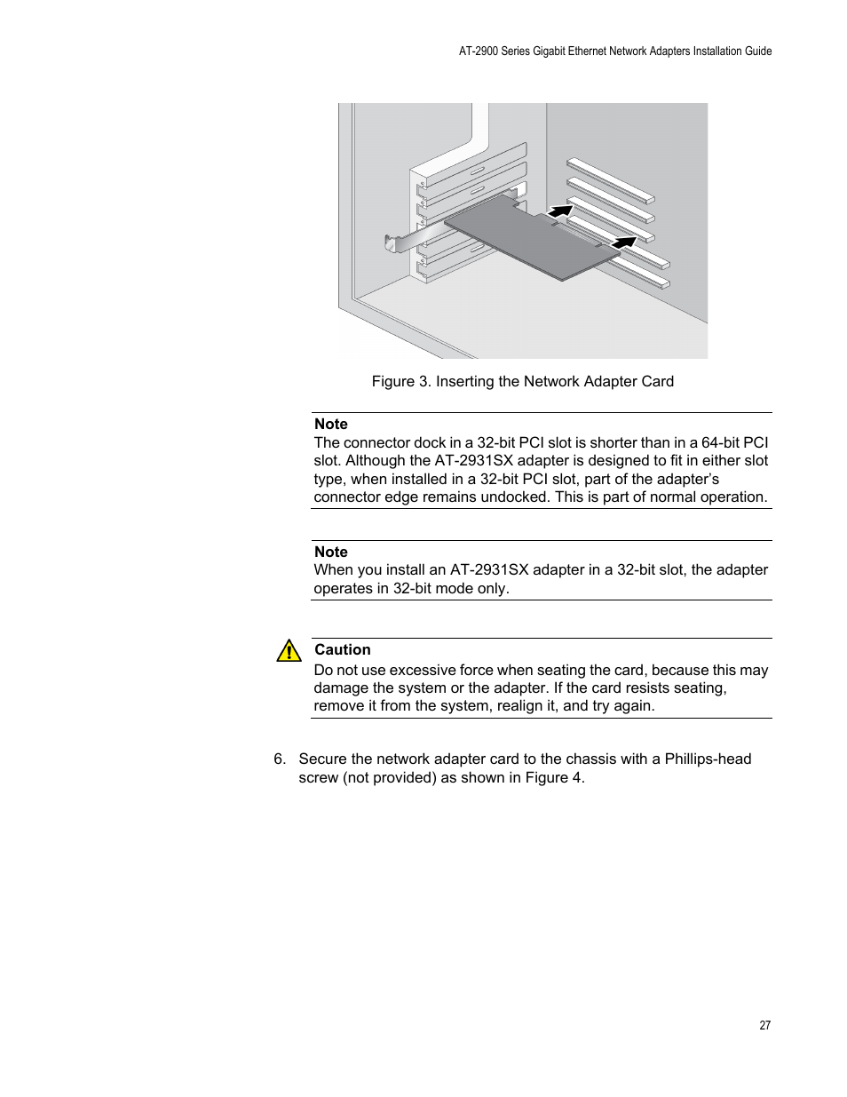 Figure 3. inserting the network adapter card | Allied Telesis AT-2900 Series Adapters User Manual | Page 27 / 142
