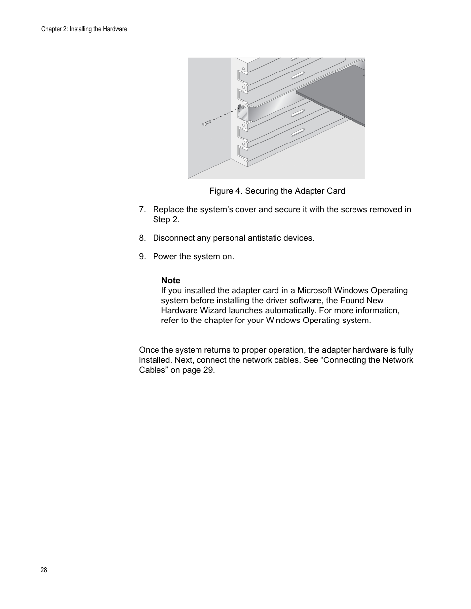 Figure 4. securing the adapter card | Allied Telesis AT-2900 Series Adapters User Manual | Page 28 / 142