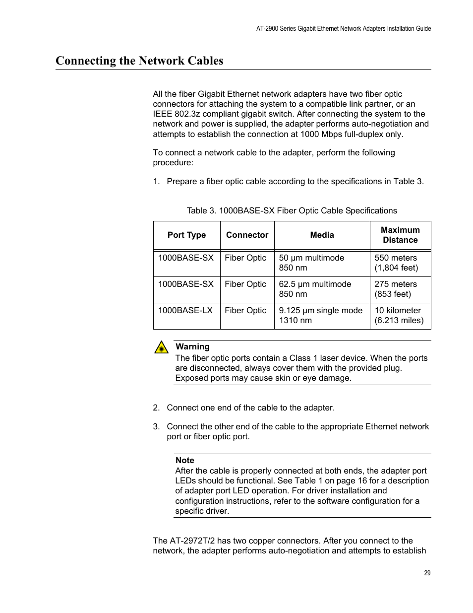 Connecting the network cables | Allied Telesis AT-2900 Series Adapters User Manual | Page 29 / 142