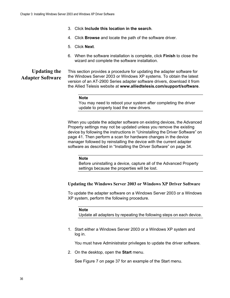 Updating the adapter software | Allied Telesis AT-2900 Series Adapters User Manual | Page 36 / 142
