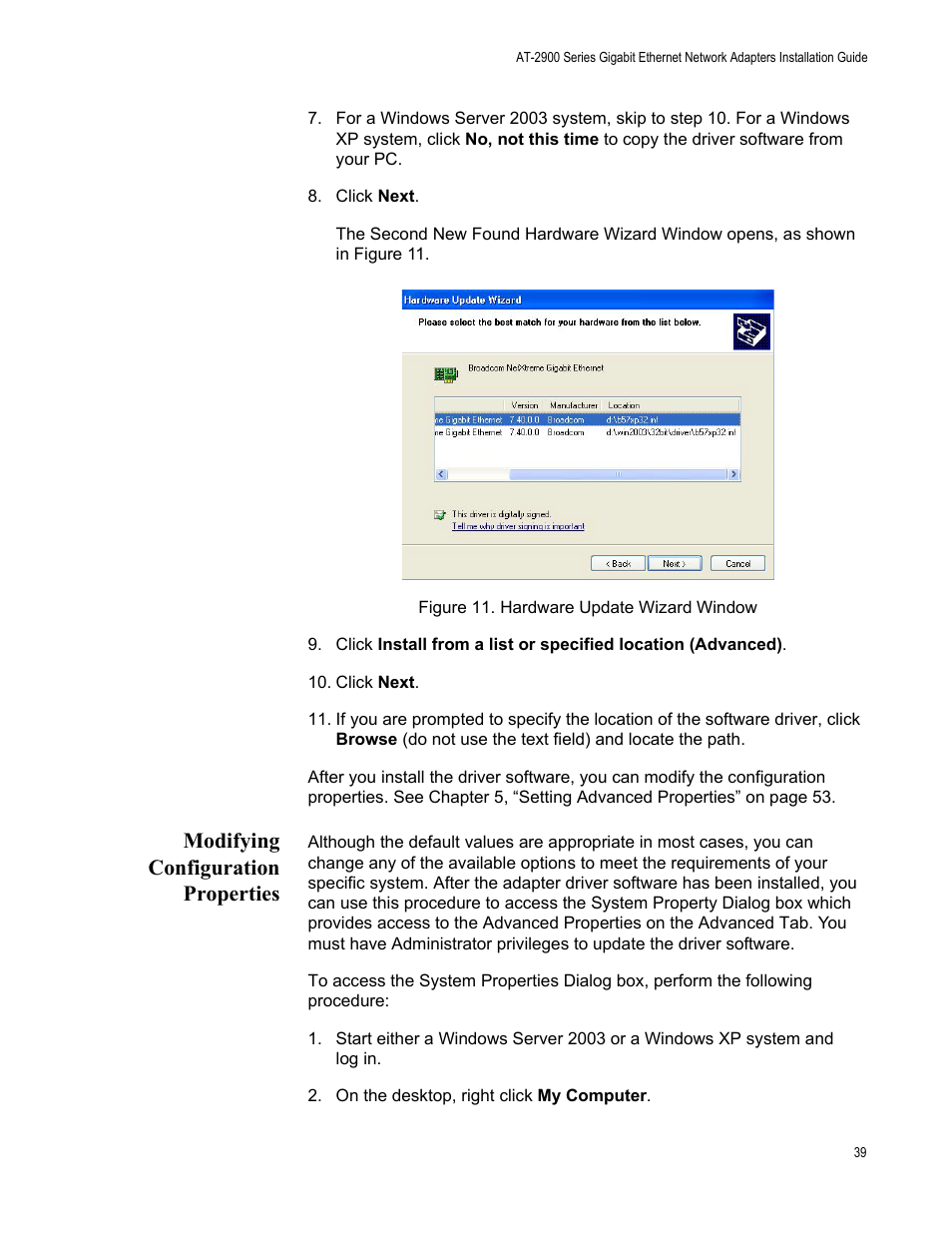 Modifying configuration properties, Figure 11. hardware update wizard window | Allied Telesis AT-2900 Series Adapters User Manual | Page 39 / 142