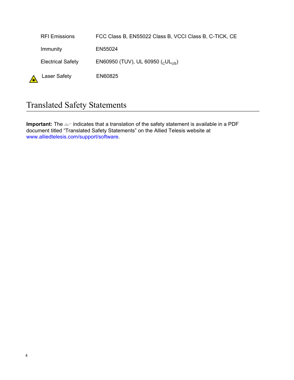 Translated safety statements | Allied Telesis AT-2900 Series Adapters User Manual | Page 4 / 142