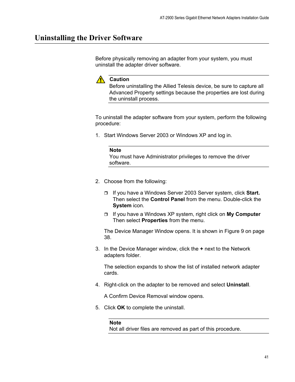 Uninstalling the driver software | Allied Telesis AT-2900 Series Adapters User Manual | Page 41 / 142