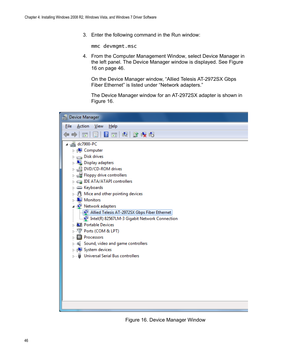 Figure 16. device manager window | Allied Telesis AT-2900 Series Adapters User Manual | Page 46 / 142