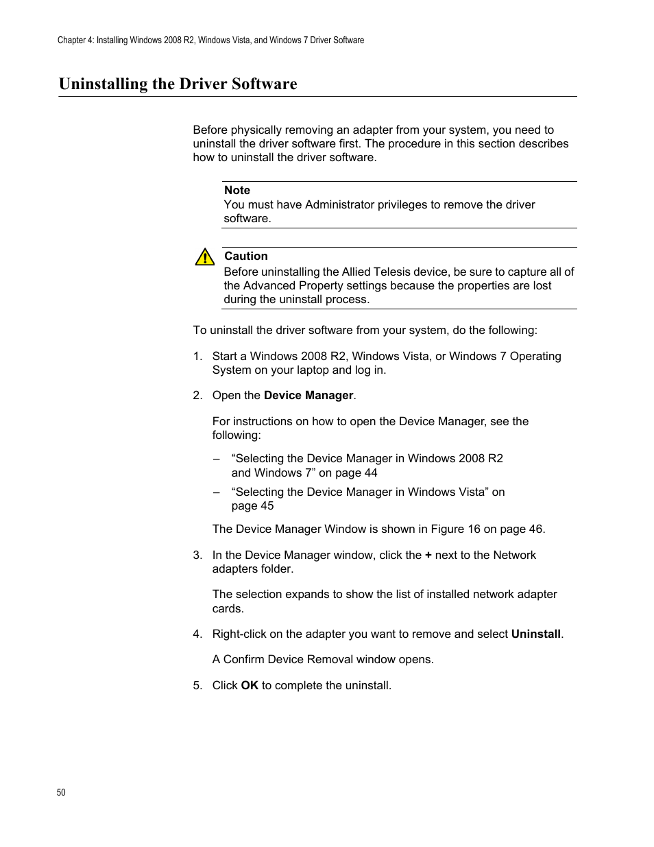 Uninstalling the driver software | Allied Telesis AT-2900 Series Adapters User Manual | Page 50 / 142
