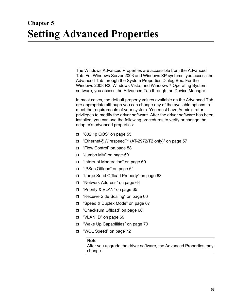 Chapter 5, Setting advanced properties | Allied Telesis AT-2900 Series Adapters User Manual | Page 53 / 142