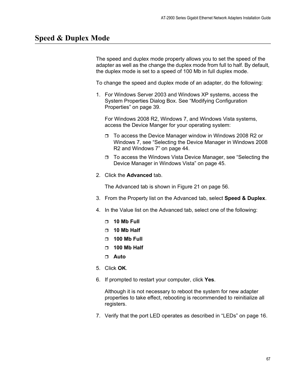 Speed & duplex mode | Allied Telesis AT-2900 Series Adapters User Manual | Page 67 / 142
