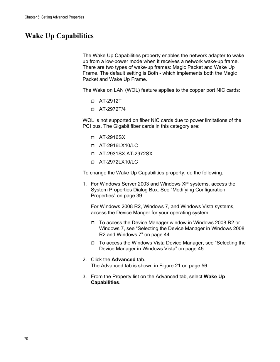 Wake up capabilities | Allied Telesis AT-2900 Series Adapters User Manual | Page 70 / 142