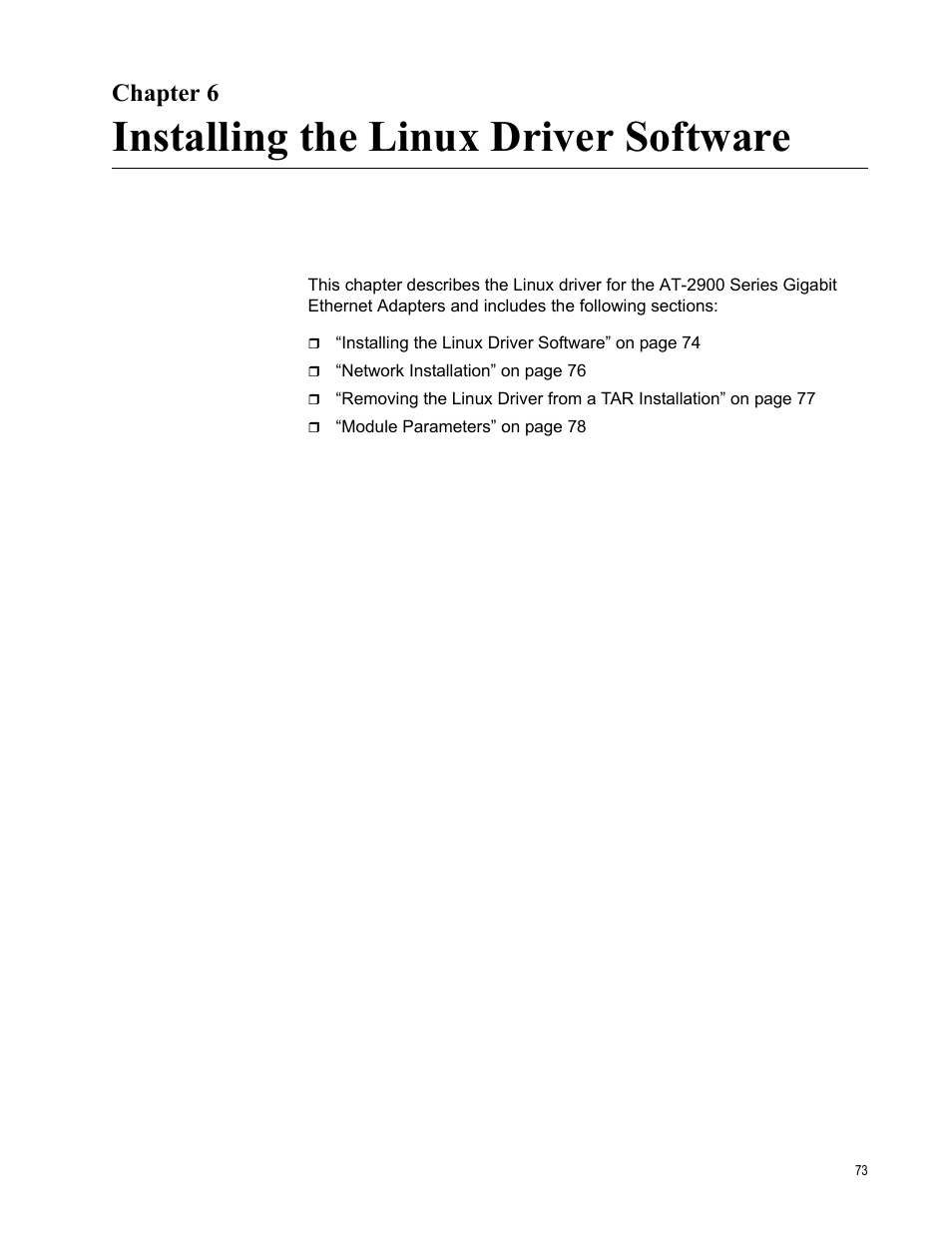 Chapter 6, Installing the linux driver software | Allied Telesis AT-2900 Series Adapters User Manual | Page 73 / 142