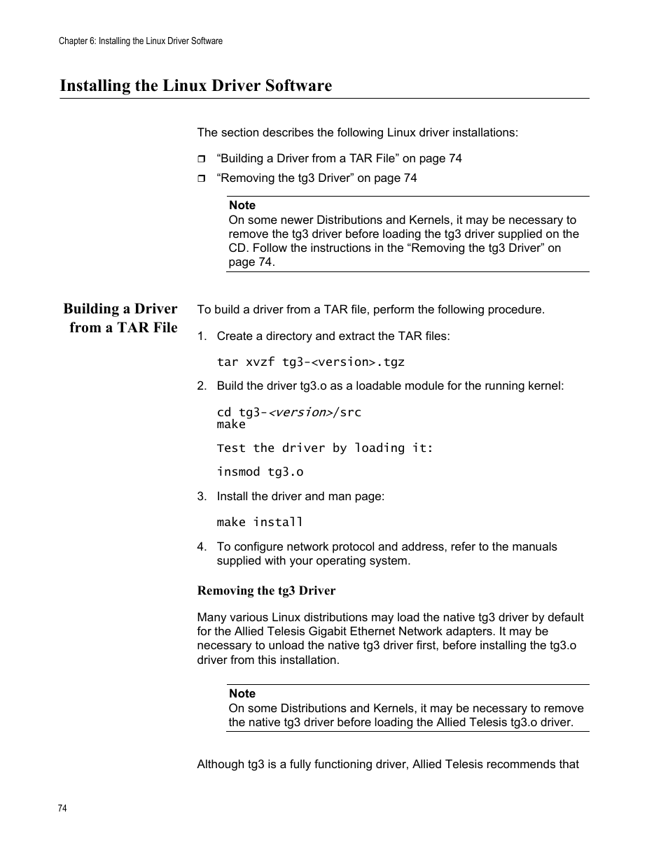 Installing the linux driver software, Building a driver from a tar file | Allied Telesis AT-2900 Series Adapters User Manual | Page 74 / 142