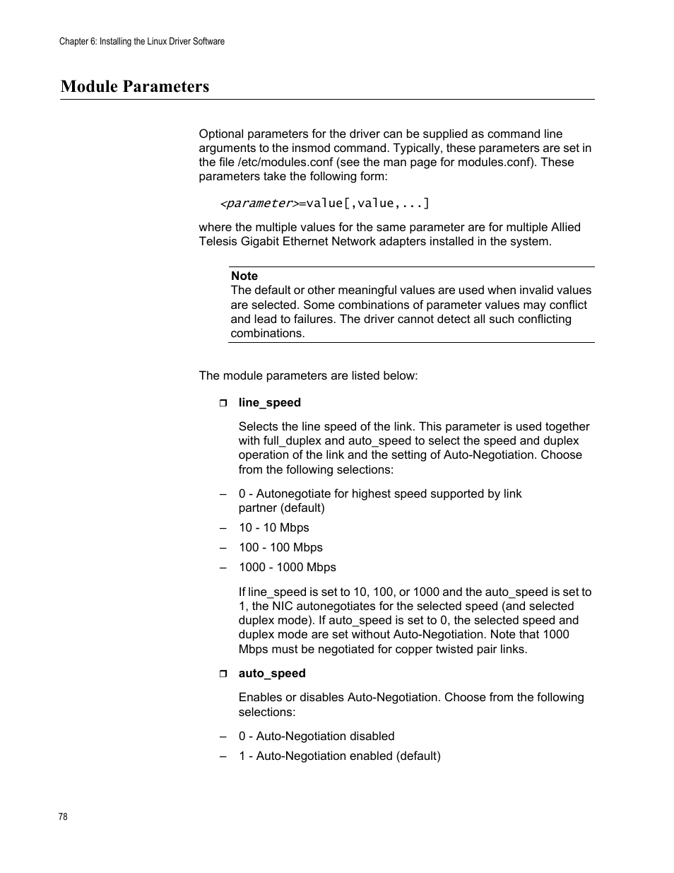 Module parameters | Allied Telesis AT-2900 Series Adapters User Manual | Page 78 / 142