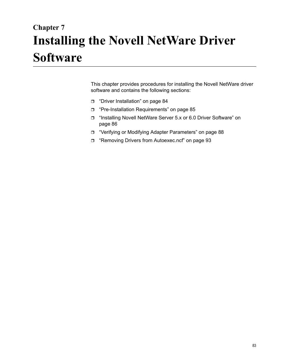 Chapter 7, Installing the novell netware driver software | Allied Telesis AT-2900 Series Adapters User Manual | Page 83 / 142
