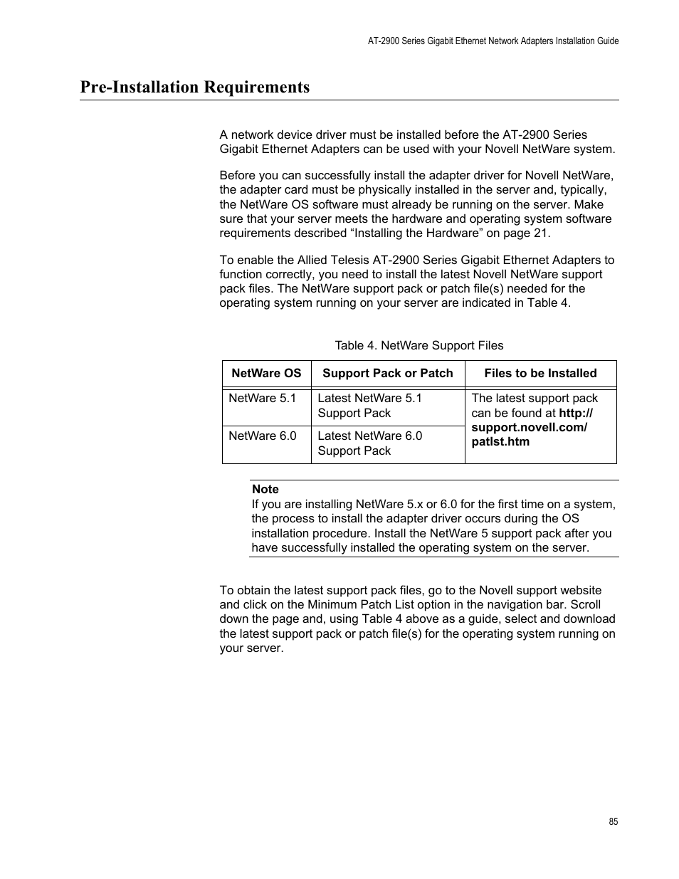 Pre-installation requirements | Allied Telesis AT-2900 Series Adapters User Manual | Page 85 / 142