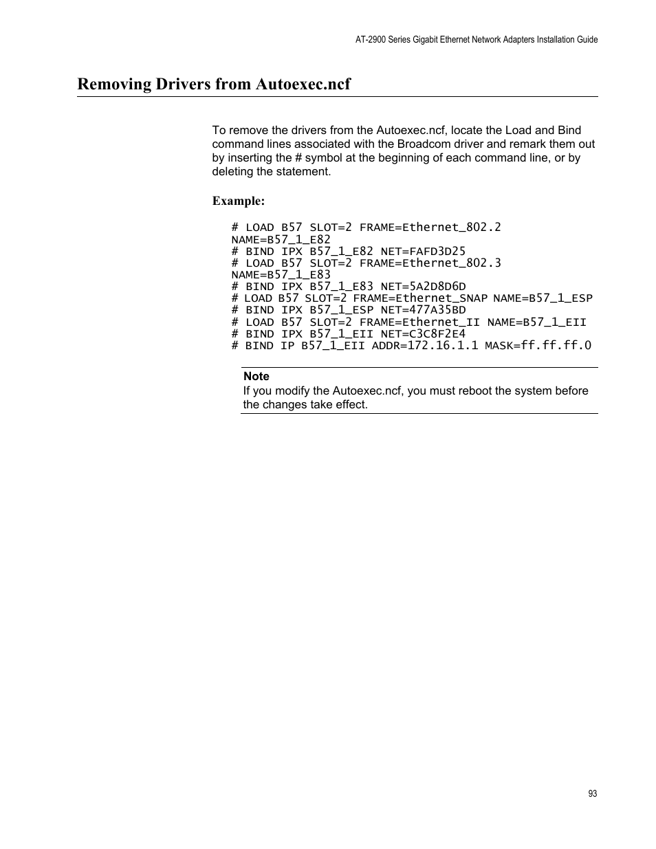 Removing drivers from autoexec.ncf | Allied Telesis AT-2900 Series Adapters User Manual | Page 93 / 142
