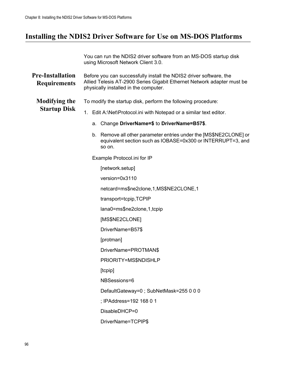 Pre-installation requirements, Modifying the startup disk | Allied Telesis AT-2900 Series Adapters User Manual | Page 96 / 142