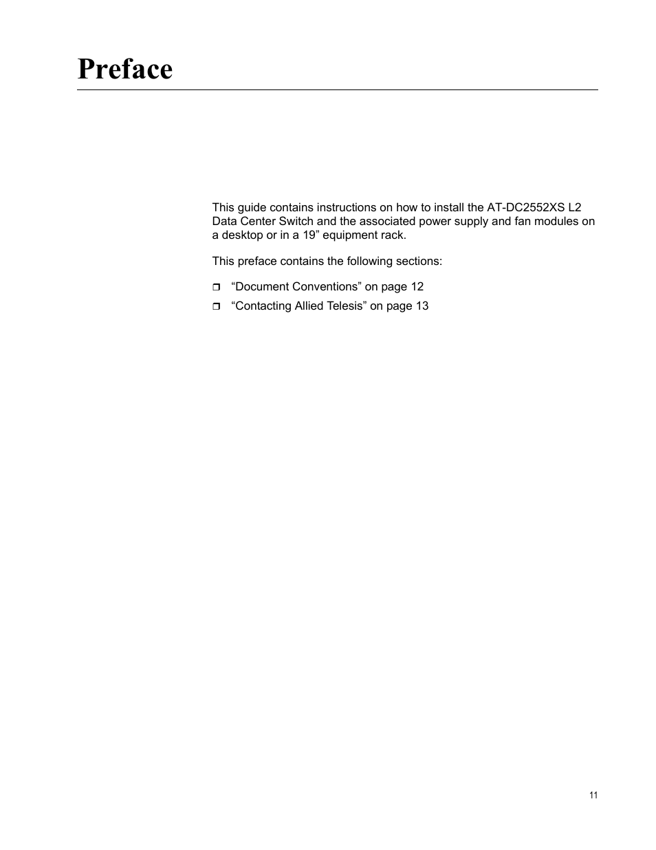 Preface | Allied Telesis AT-DC2552XS User Manual | Page 11 / 84
