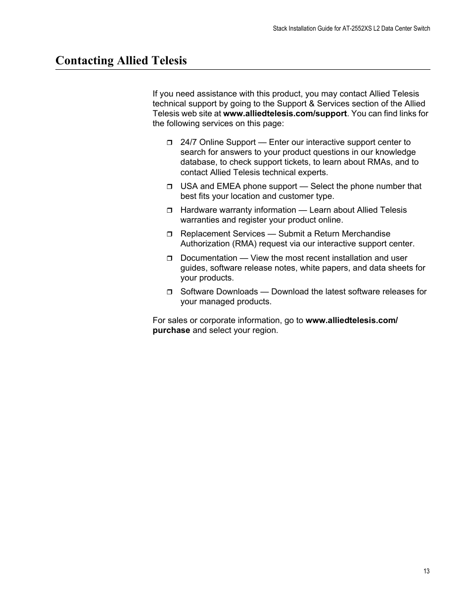 Contacting allied telesis | Allied Telesis AT-DC2552XS User Manual | Page 13 / 84