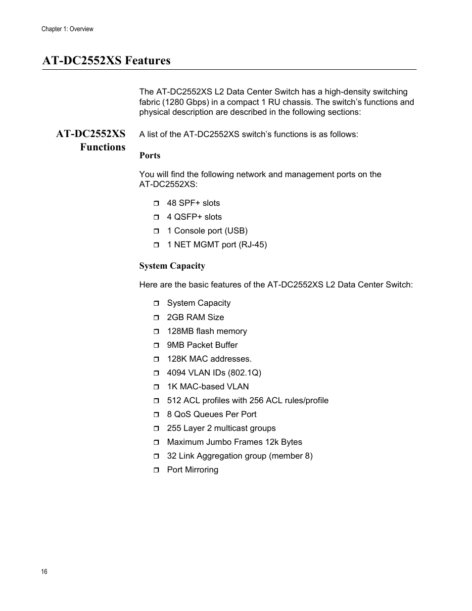 At-dc2552xs features, At-dc2552xs functions | Allied Telesis AT-DC2552XS User Manual | Page 16 / 84