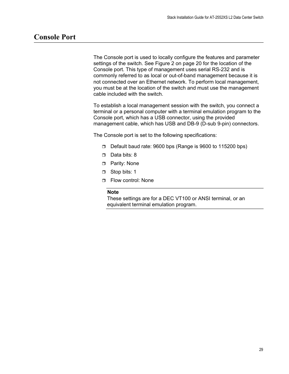Console port | Allied Telesis AT-DC2552XS User Manual | Page 29 / 84