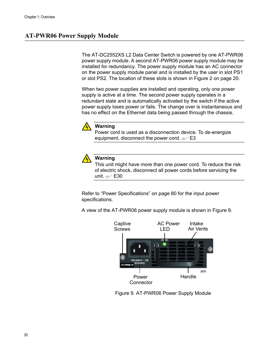 At-pwr06 power supply module, Figure 9: at-pwr06 power supply module | Allied Telesis AT-DC2552XS User Manual | Page 30 / 84