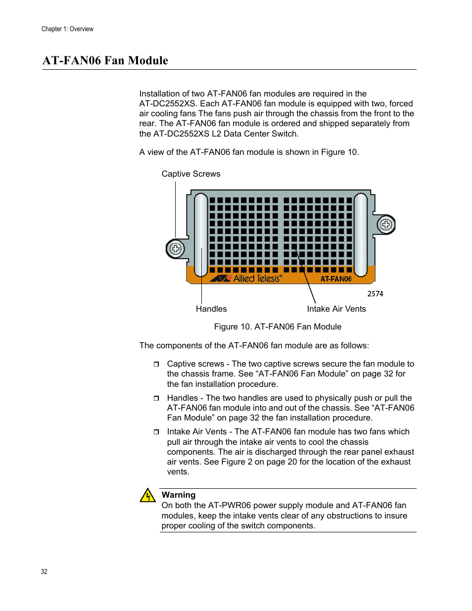 At-fan06 fan module, Figure 10: at-fan06 fan module | Allied Telesis AT-DC2552XS User Manual | Page 32 / 84