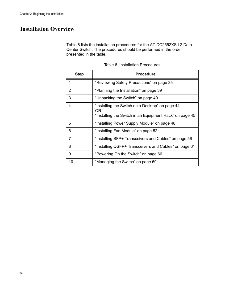 Installation overview, Table 8: installation procedures | Allied Telesis AT-DC2552XS User Manual | Page 34 / 84