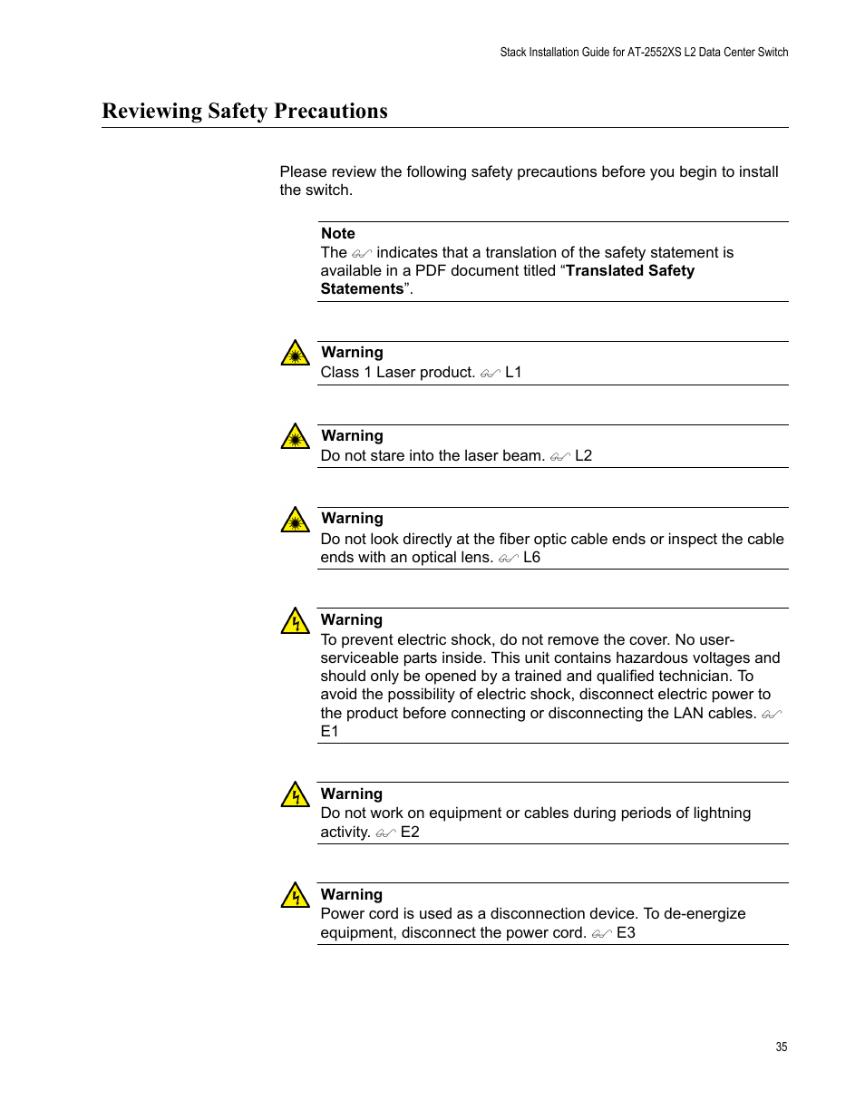 Reviewing safety precautions | Allied Telesis AT-DC2552XS User Manual | Page 35 / 84