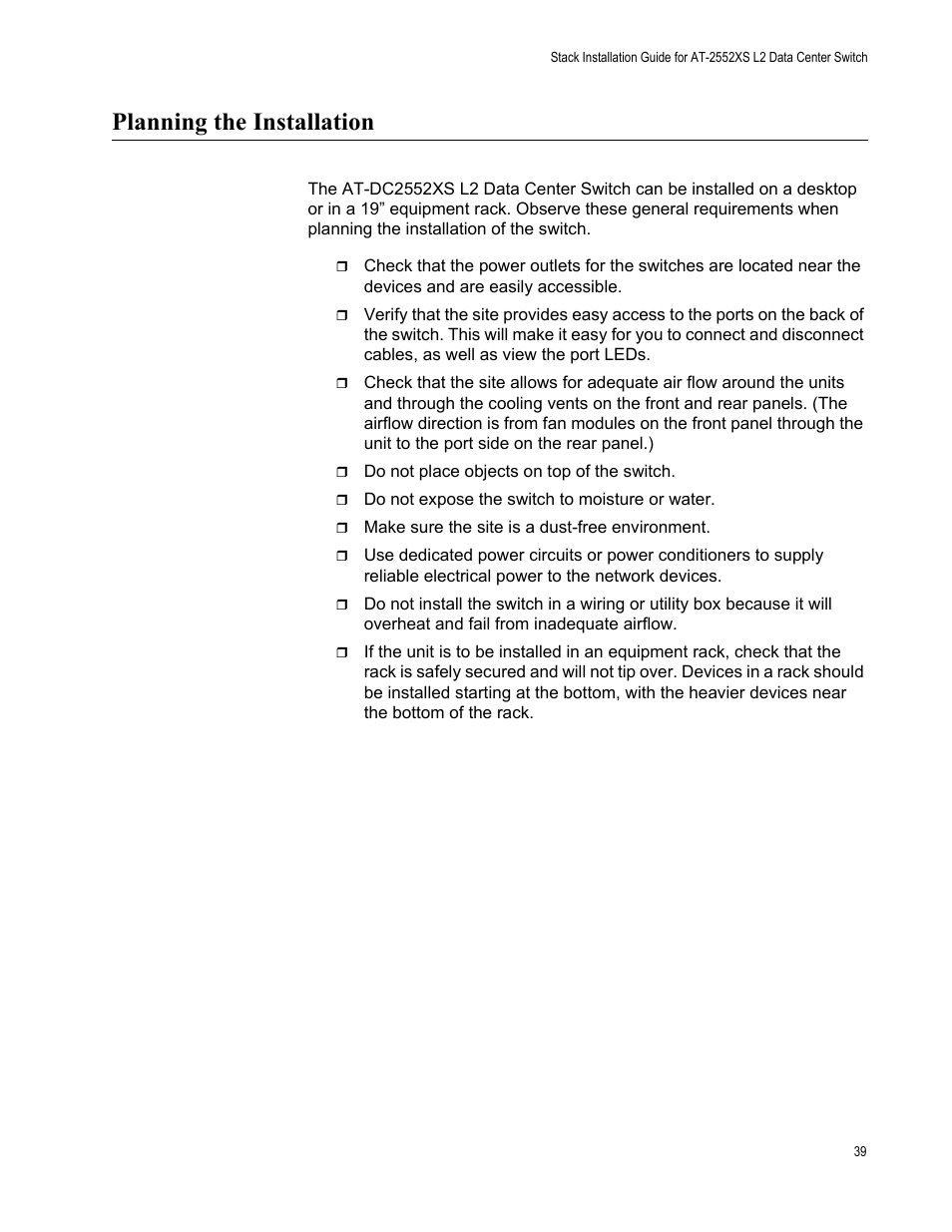 Planning the installation | Allied Telesis AT-DC2552XS User Manual | Page 39 / 84