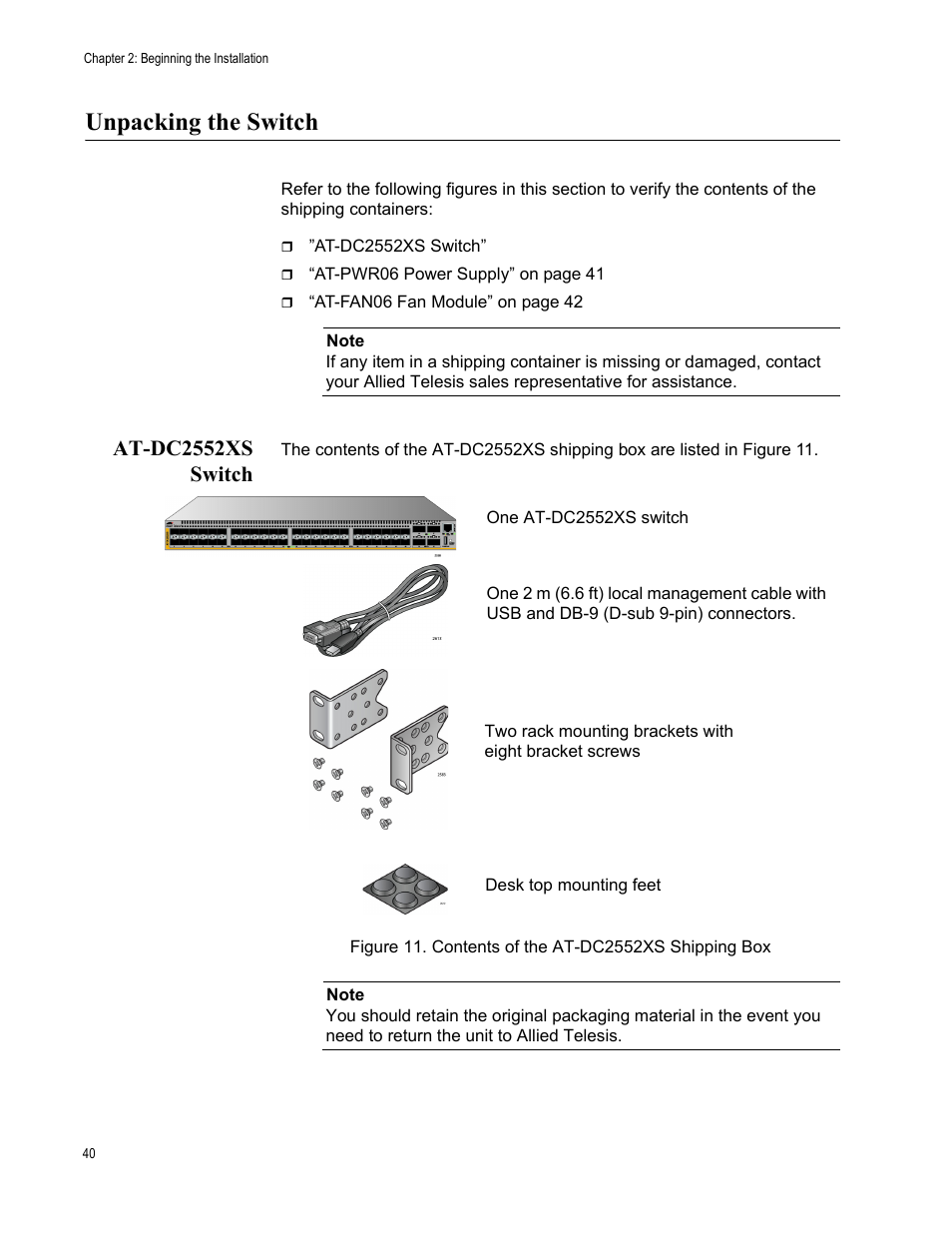Unpacking the switch, At-dc2552xs switch | Allied Telesis AT-DC2552XS User Manual | Page 40 / 84