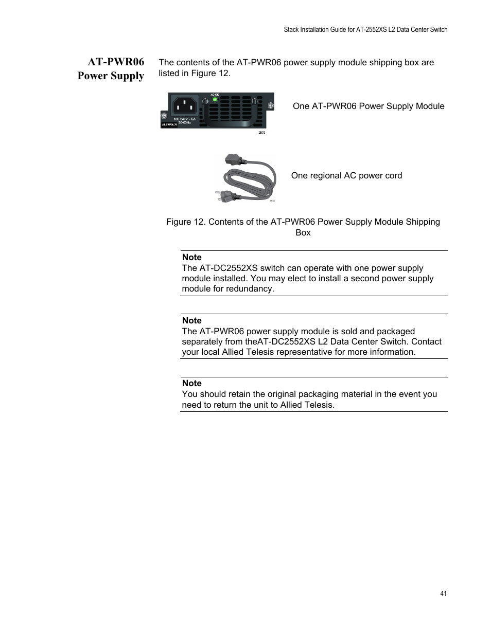 At-pwr06 power supply | Allied Telesis AT-DC2552XS User Manual | Page 41 / 84