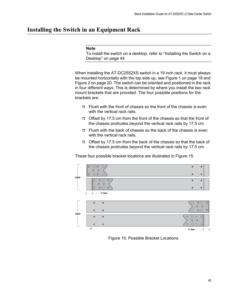 Installing the switch in an equipment rack, Figure 15: possible bracket locations | Allied Telesis AT-DC2552XS User Manual | Page 45 / 84
