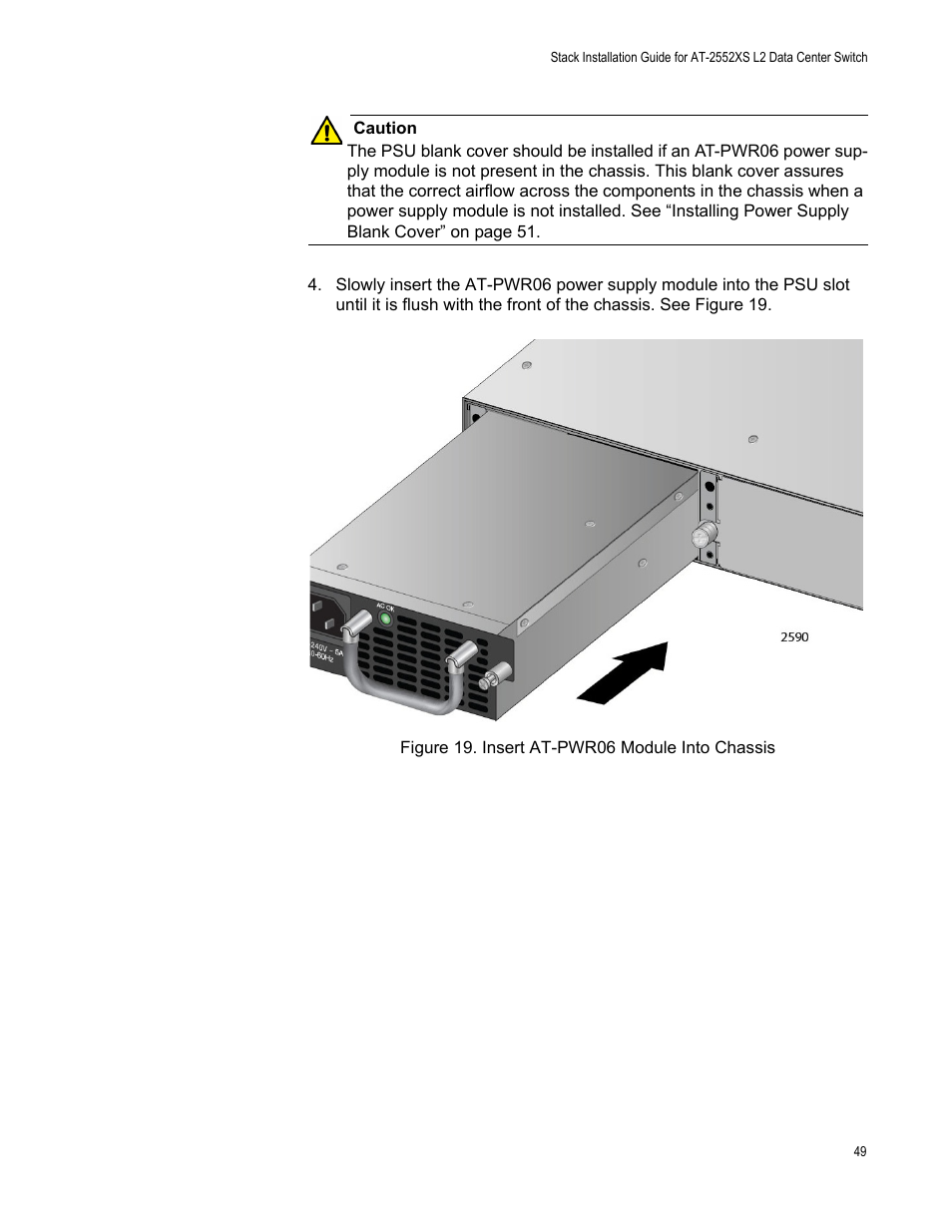Figure 19: insert at-pwr06 module into chassis | Allied Telesis AT-DC2552XS User Manual | Page 49 / 84