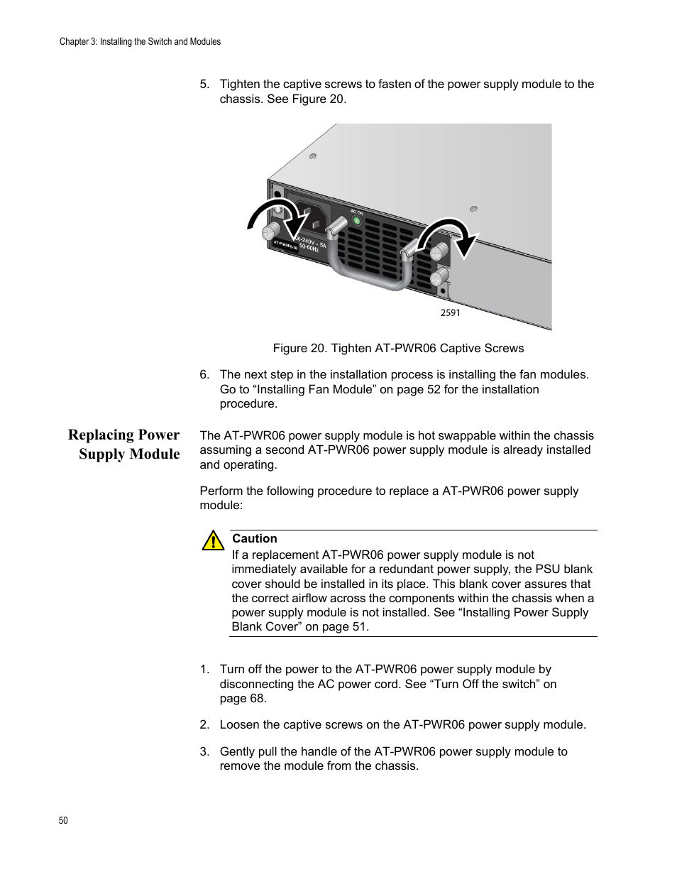 Replacing power supply module, Figure 20: tighten at-pwr06 captive screws | Allied Telesis AT-DC2552XS User Manual | Page 50 / 84