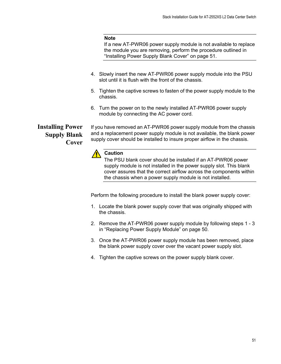 Installing power supply blank cover | Allied Telesis AT-DC2552XS User Manual | Page 51 / 84