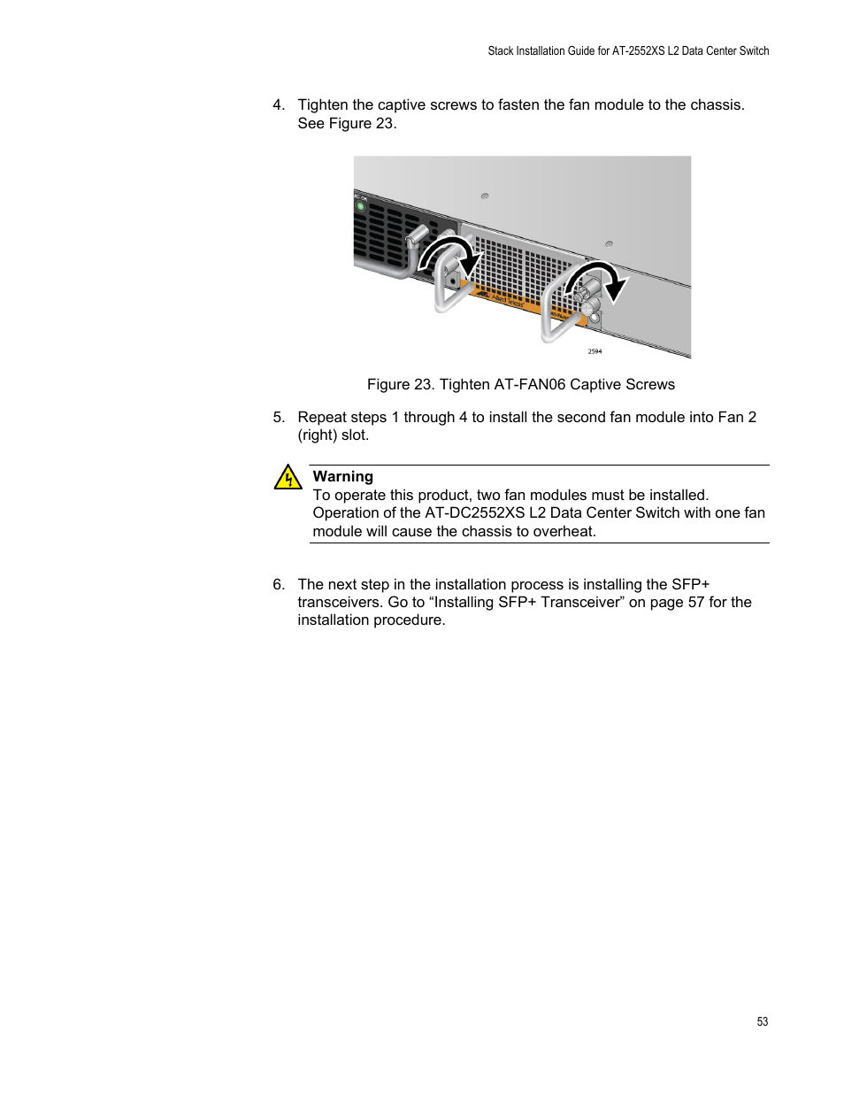 Figure 23: tighten at-fan06 captive screws | Allied Telesis AT-DC2552XS User Manual | Page 53 / 84
