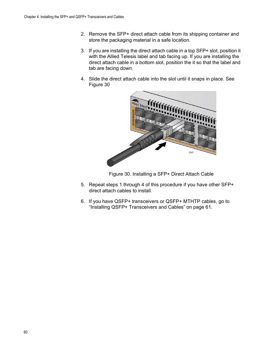 Figure 30: installing a sfp+ direct attach cable | Allied Telesis AT-DC2552XS User Manual | Page 60 / 84