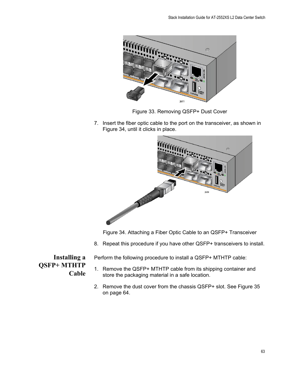Installing a qsfp+ mthtp cable | Allied Telesis AT-DC2552XS User Manual | Page 63 / 84