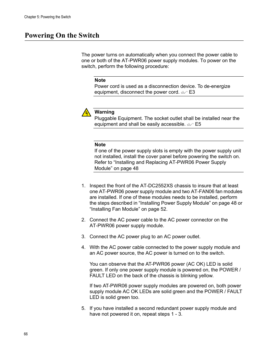 Powering on the switch | Allied Telesis AT-DC2552XS User Manual | Page 66 / 84