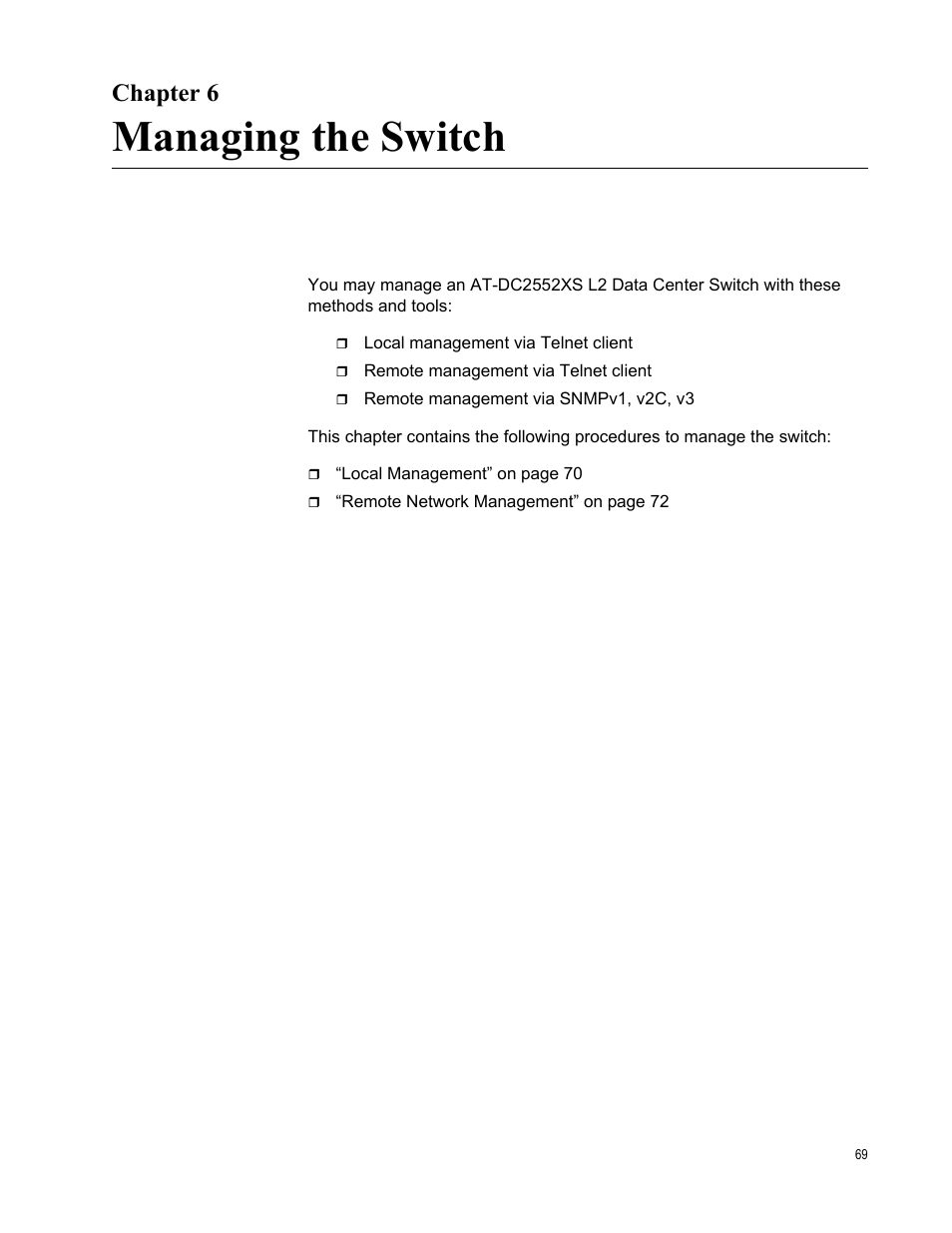 Chapter 6, Managing the switch, R 6: managing the switch | Allied Telesis AT-DC2552XS User Manual | Page 69 / 84