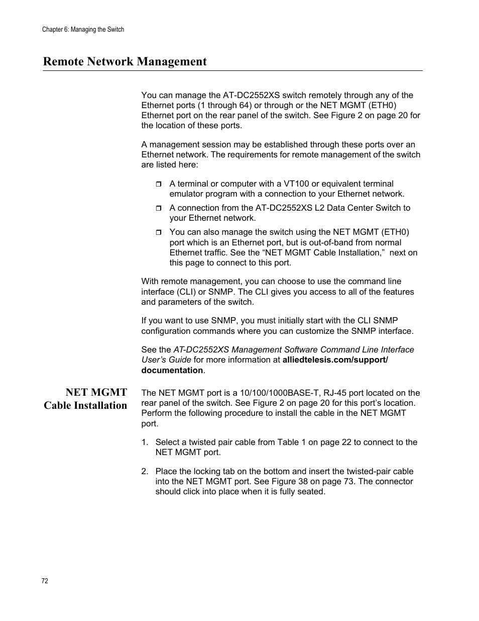 Remote network management, Net mgmt cable installation | Allied Telesis AT-DC2552XS User Manual | Page 72 / 84