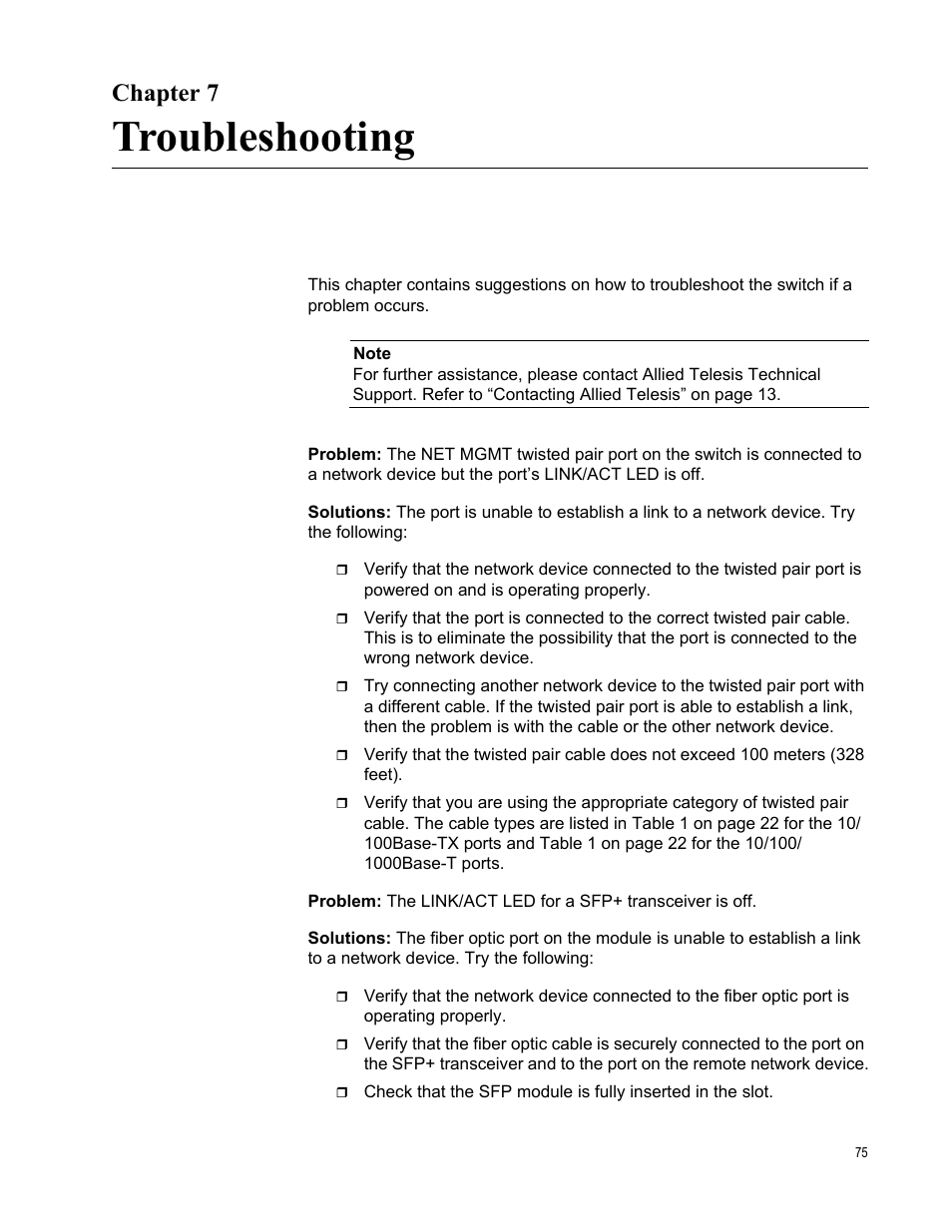 Chapter 7, Troubleshooting, R 7: troubleshooting | Allied Telesis AT-DC2552XS User Manual | Page 75 / 84