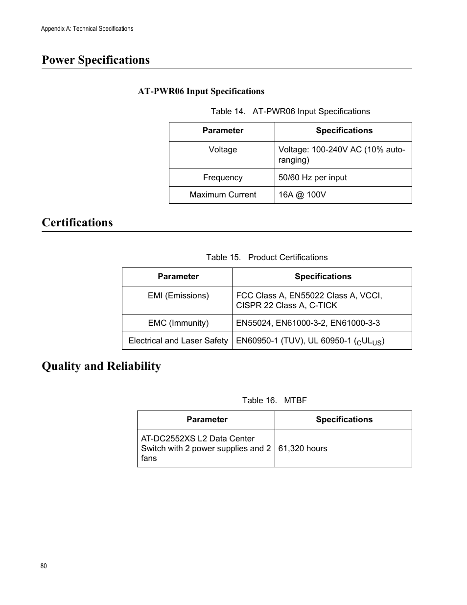 Power specifications, Certifications, Quality and reliability | Certifications quality and reliability | Allied Telesis AT-DC2552XS User Manual | Page 80 / 84
