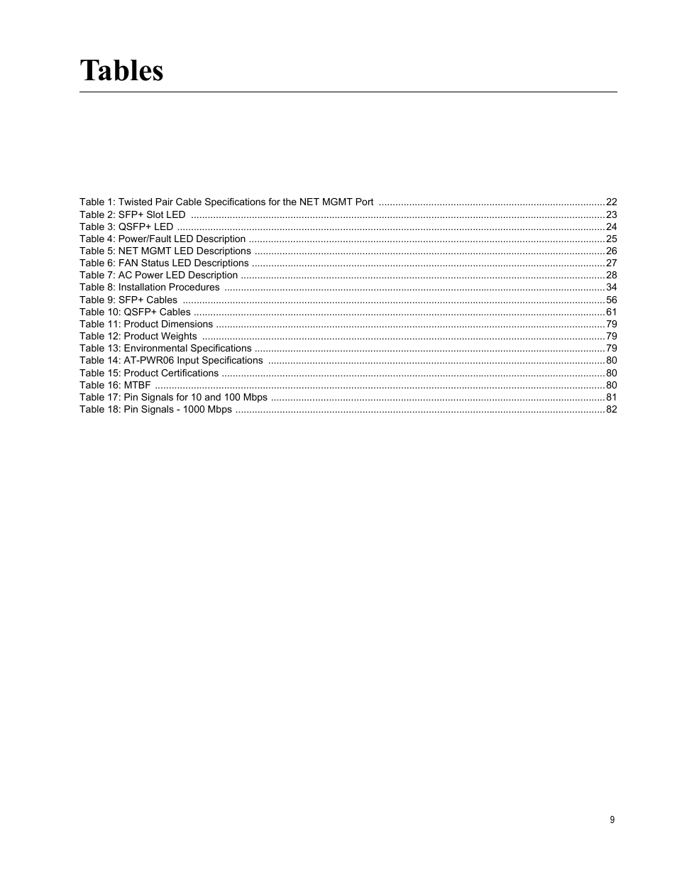 Tables | Allied Telesis AT-DC2552XS User Manual | Page 9 / 84