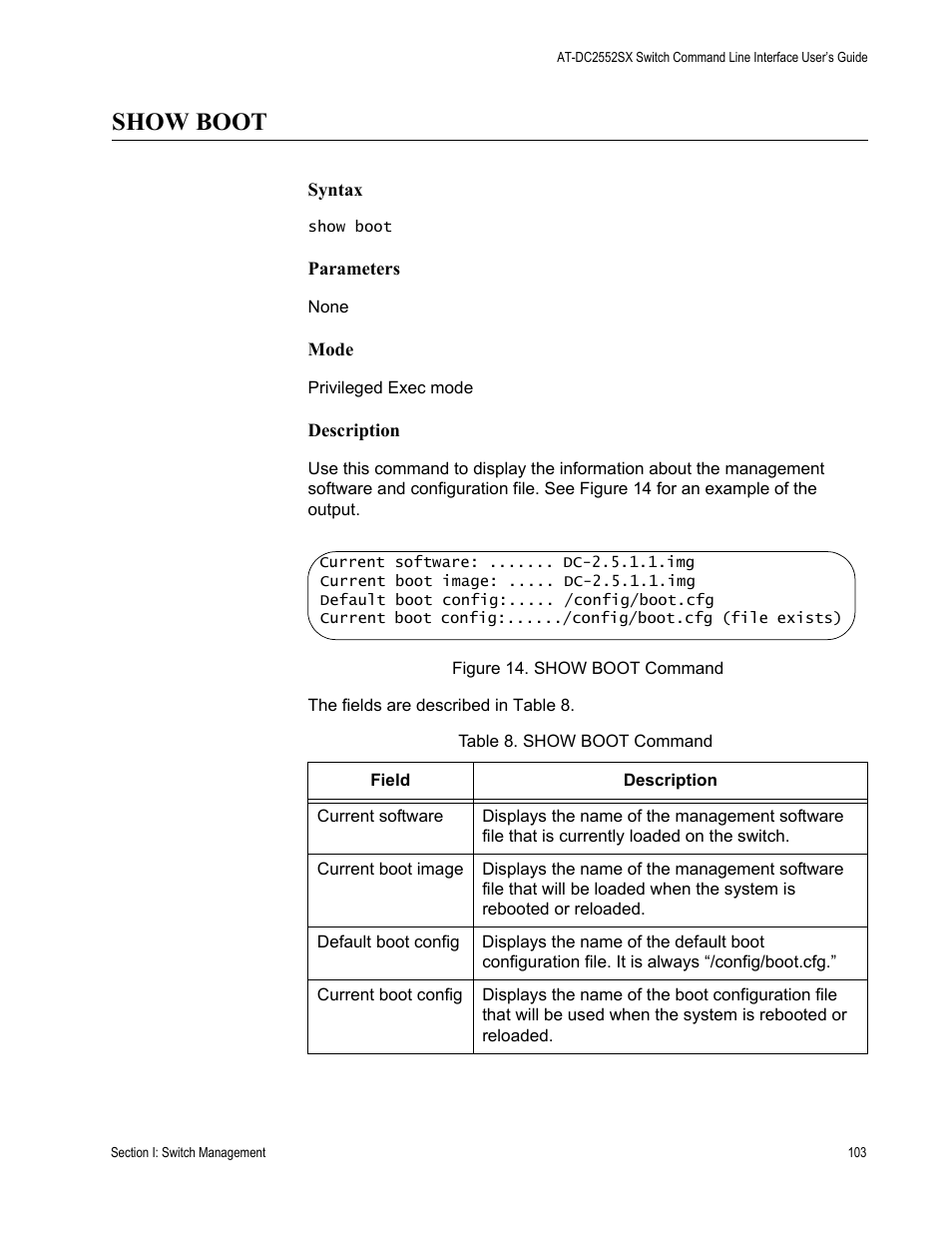 Show boot, Table 8. show boot command | Allied Telesis AT-DC2552XS User Manual | Page 103 / 550