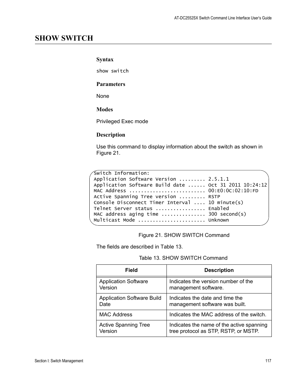 Show switch, Table 13. show switch command | Allied Telesis AT-DC2552XS User Manual | Page 117 / 550