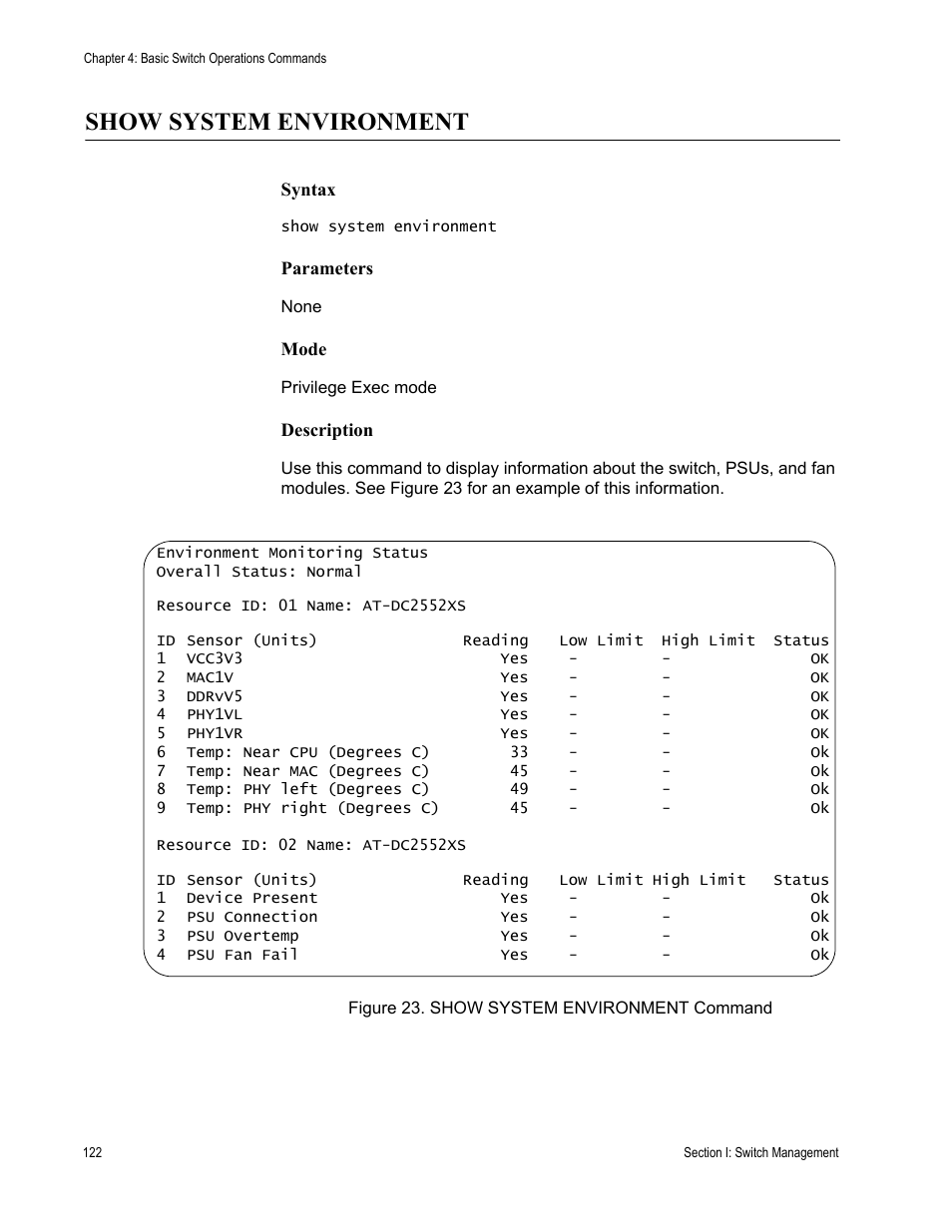 Show system environment | Allied Telesis AT-DC2552XS User Manual | Page 122 / 550